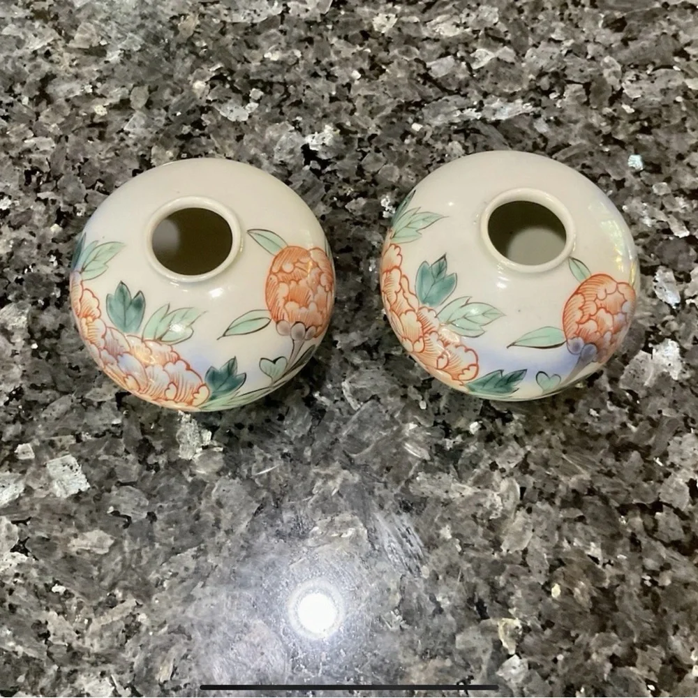 Vintage Floral Handpainted Porcelain Japanese Vases - 3.5” Pair